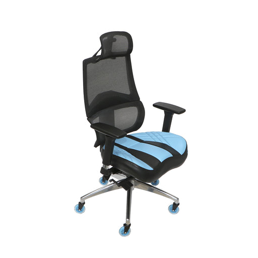 Scepter Gaming Chair in blue faux leather with blue casters.