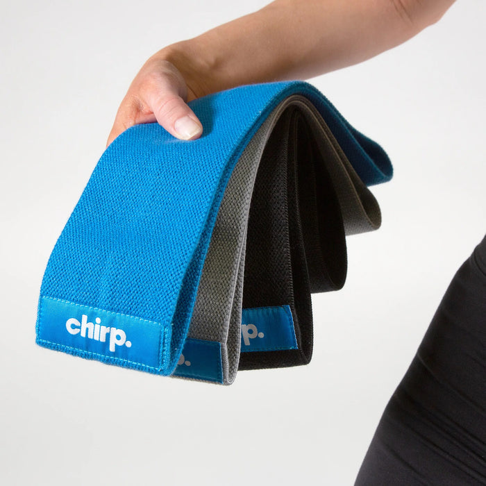 Chirp Resistance Bands in blue, grey and black